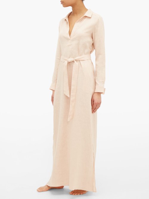 Pour Les Femmes Open-collar Tie-waist Linen Nightdress Light Pink - 60% Off Sale