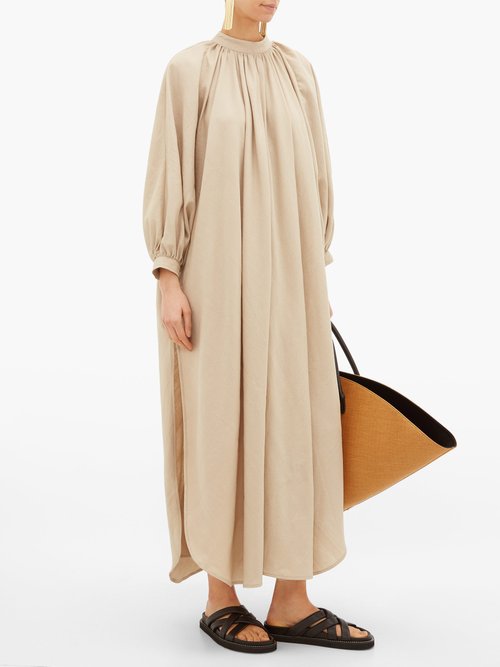 Marrakshi Life Gathered-neck Cotton-blend Maxi Dress Beige - 30% Off Sale