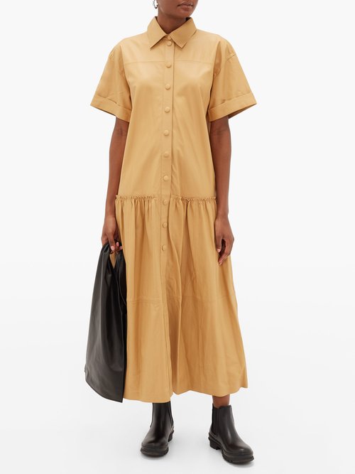 Stand Studio Lauren Drop-waist Leather Dress Camel - 50% Off Sale