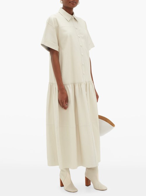Stand Studio Lauren Tiered Leather Shirt Dress Ivory - 50% Off Sale