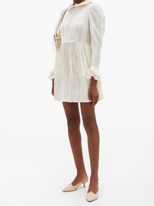 Batsheva Crystal-button Ruffled Cotton-velvet Mini Dress Ivory