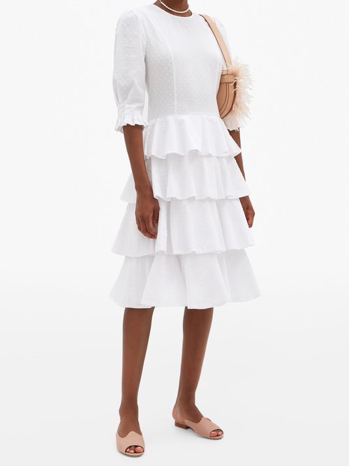 Batsheva Tiered Cotton Swiss-dot Dress White