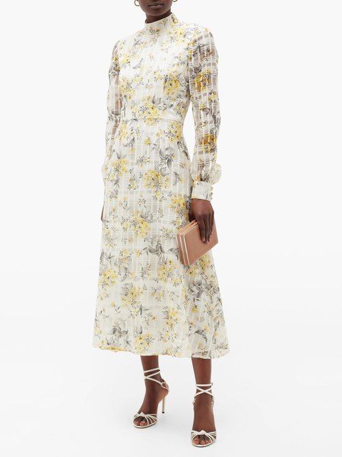 Goat Juniper Floral-print Cotton-blend Midi Dress Light Yellow - 50% ...