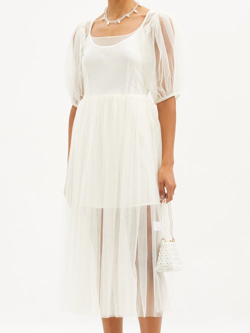 Molly Goddard Gwyneth Puff-sleeved Tulle Midi Dress Ivory