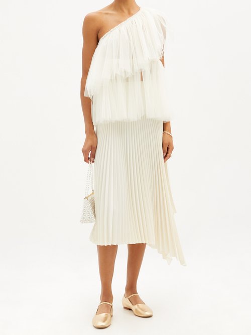 Molly Goddard Gracie One-shoulder Tiered Tulle Top Ivory