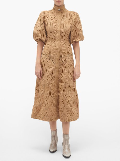 Ganni Crystal-button Puff-sleeve Broderie-anglaise Dress Beige - 50% Off Sale