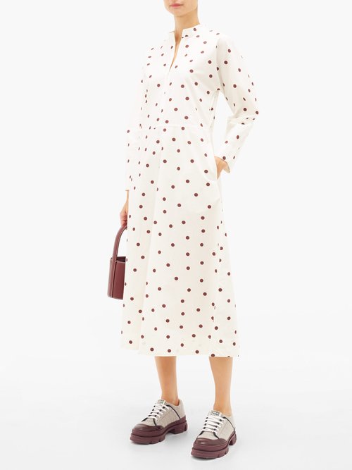 Ganni Zipped-front Polka-dot Cotton-poplin Dress White Multi - 50% Off Sale