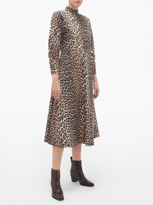 Ganni Zip-through Leopard-print Cotton-poplin Midi Dress Leopard - 70% Off Sale