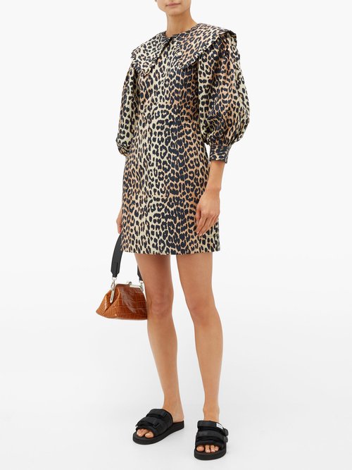 Ganni Sailor-collar Leopard-print Cotton Dress Leopard - 60% Off Sale