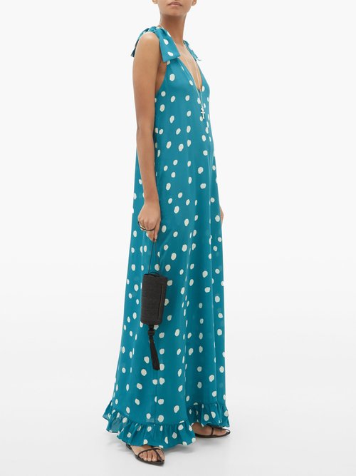 Adriana Degreas Ruffle-hem Polka-dot Silk Maxi Dress Blue Print - 40% Off Sale