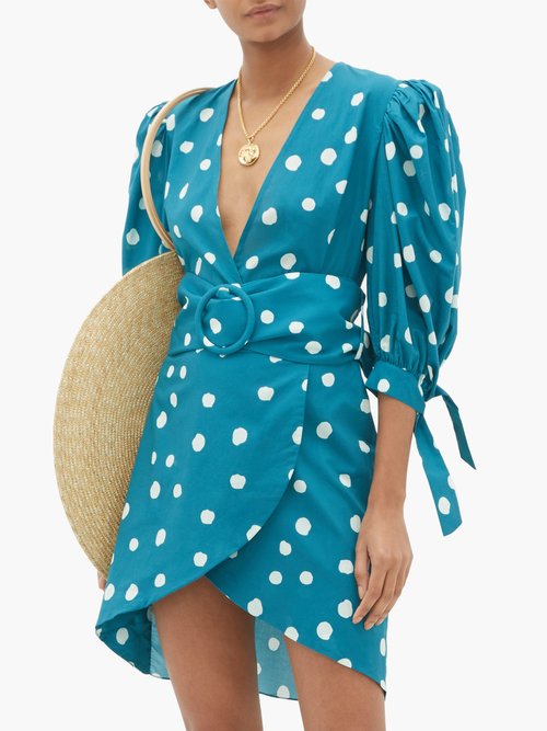 Adriana Degreas Polka-dot Belted Cotton Wrap Dress Blue Print - 70% Off Sale