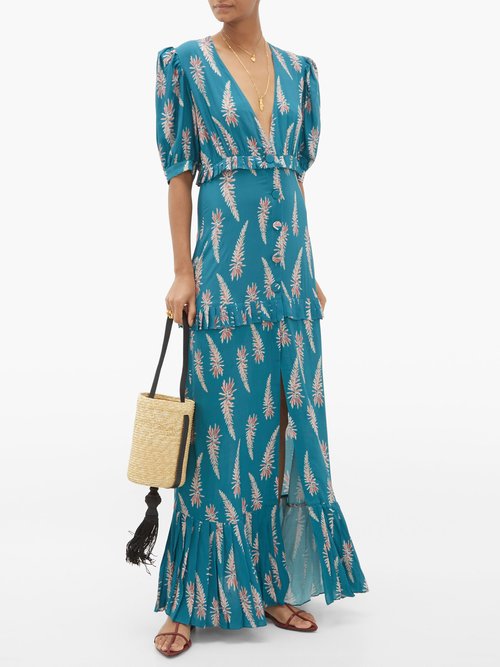 Adriana Degreas Aloe-print Pleated-trim Twill Maxi Dress Blue Print - 30% Off Sale