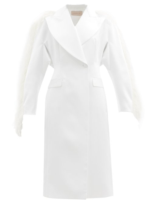 Christopher Kane – Feather-trim Double-breasted Duchess-satin Coat White