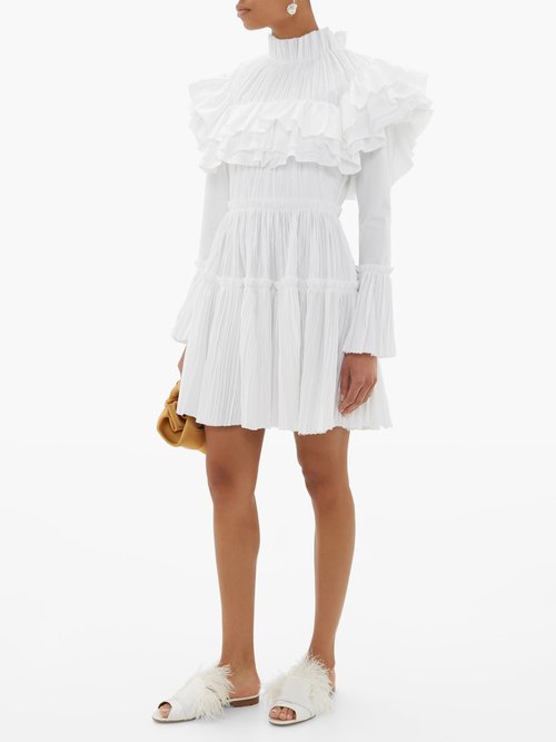 Khaite Ruffled High-neck Cotton-plissé Dress White - 60% Off Sale