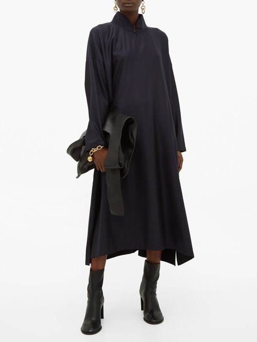 Eskandar Band-collar Wool-blend Jacquard Midi Dress Navy