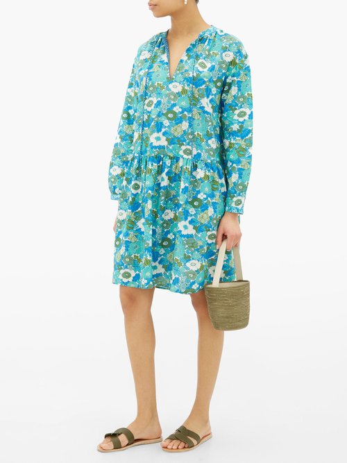 D'Ascoli Lulu Tie-neck Floral-print Cotton Dress Blue Print - 30% Off Sale
