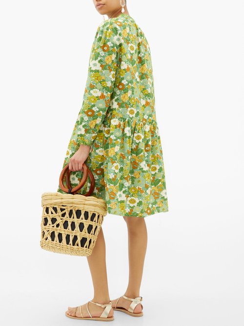 D'Ascoli Lulu Tie-neck Floral-print Cotton Dress Green Print - 30% Off Sale