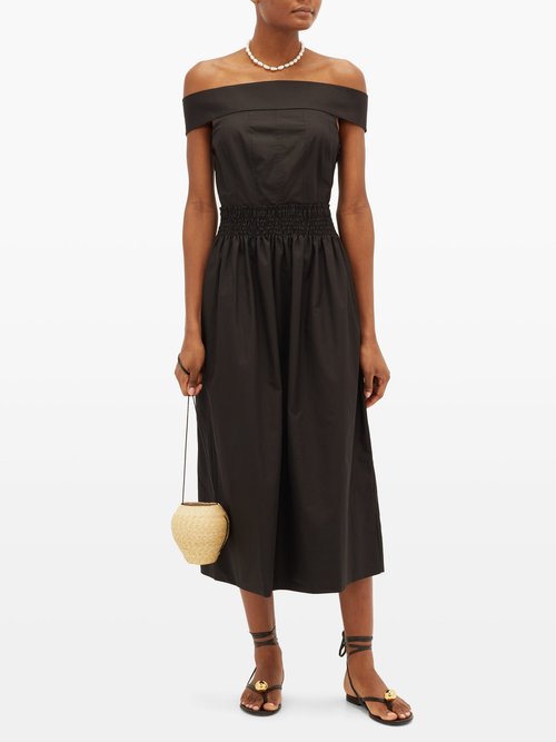Three Graces London Porcia Off-the-shoulder Cotton-poplin Dress Black