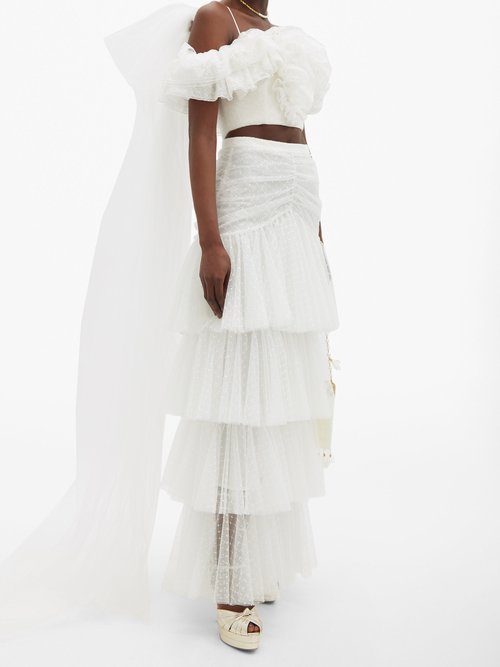 Rodarte Ruffle-trimmed Off-the-shoulder Cropped Top White