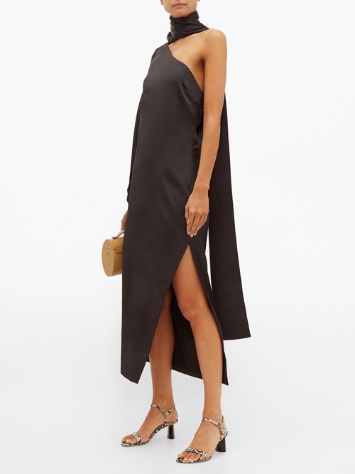Staud Farrah One-shoulder Slit Satin Maxi Dress Black - 70% Off Sale