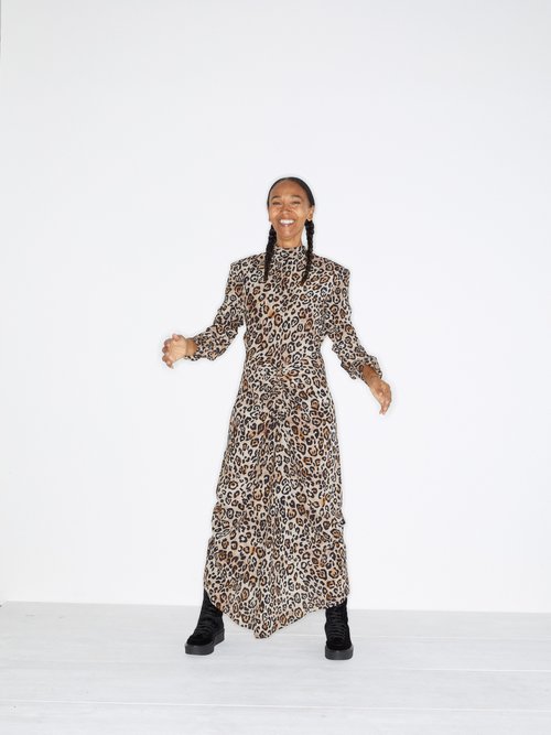 Raey Exaggerated-shoulder Leopard-print Silk Dress Brown Print