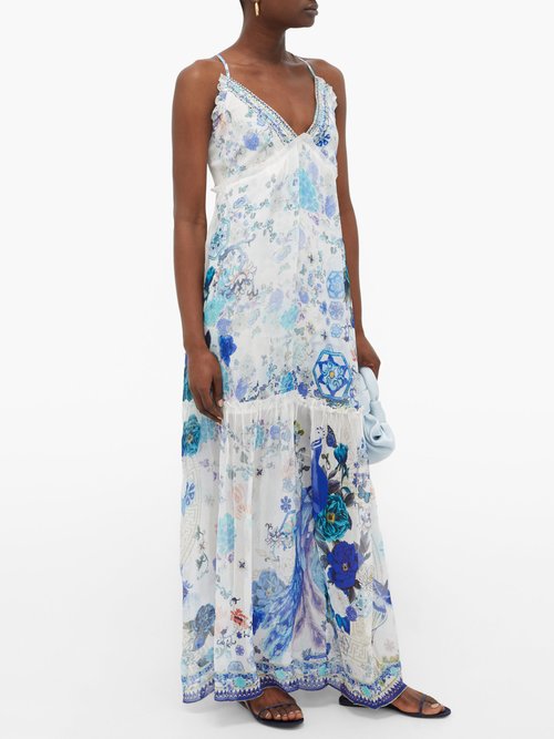 Camilla Beaded Crossover-back Floral-print Silk Maxi Dress Blue White
