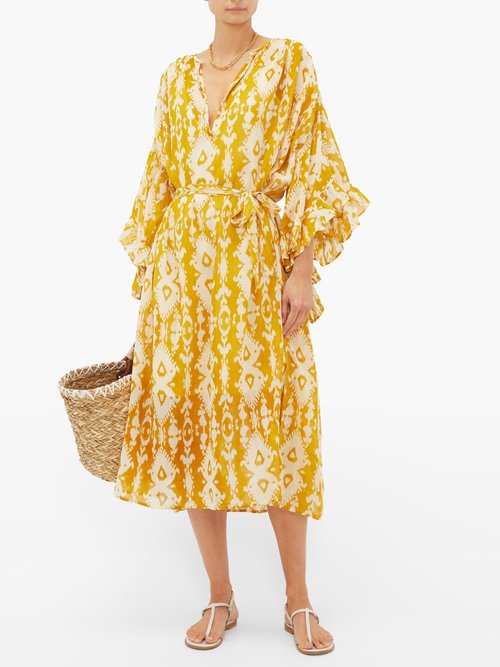 Buy Mes Demoiselles Sybille Bell-sleeve Ikat-print Cotton-voile Dress Yellow Print online - shop best Mes Demoiselles clothing sales