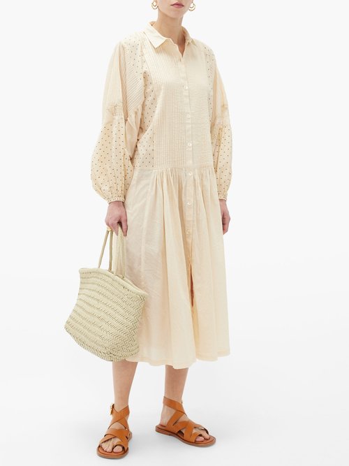 Buy Mes Demoiselles Alexandra Polka-dot Cotton Midi Shirt Dress Beige online - shop best Mes Demoiselles clothing sales