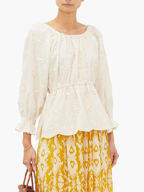 Mes Demoiselles Olive Floral-embroidered Cotton-poplin Top Cream