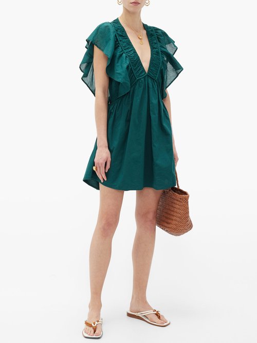 Buy Mes Demoiselles Calixte Ruffled Cotton-poplin Mini Dress Green online - shop best Mes Demoiselles clothing sales