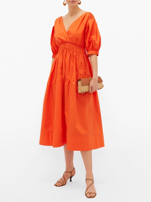Self-portrait Tie-back Tiered V-neck Cotton Midi Dress Orange | Coshio ...