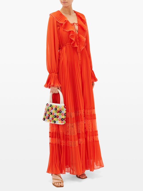 Self-portrait Lace-trimmed Pleated Chiffon Dress Orange