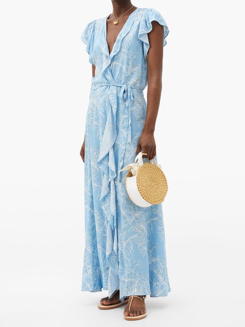 Melissa Odabash Brianna Palm-print Flounced Maxi Wrap Dress Blue Print