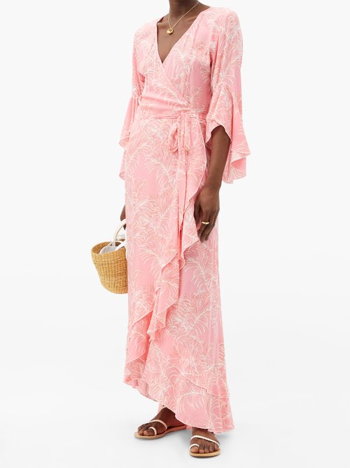 Melissa Odabash Cheryl Ruffled Leaf-print Maxi Wrap Dress Pink Print
