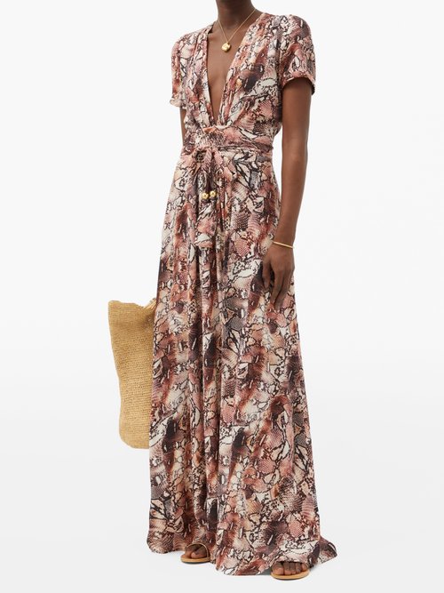 Melissa Odabash Lou Plunge-neck Snake-print Twill Maxi Wrap Dress Brown Print