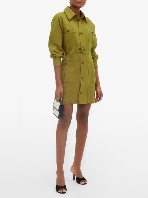 Mara Hoffman Ino Panelled Linen-blend Canvas Shirt Dress Dark Green
