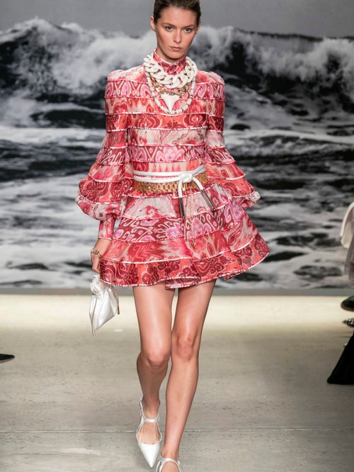 Zimmermann Wavelength Tiered Linen-blend Mini Dress Pink Multi