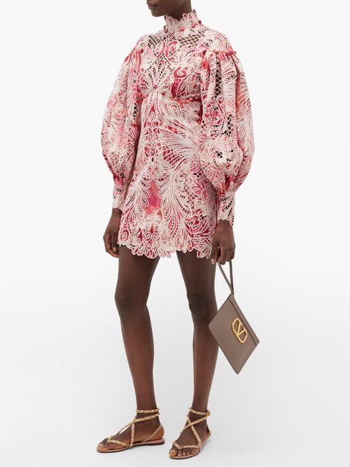 Zimmermann Wavelength Ikat-print Lace Mini Dress Pink Multi