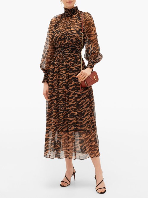 Zimmermann Wavelength Shirred Tiger-print Silk-chiffon Dress Brown Print