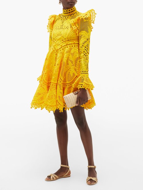 Zimmermann Brightside Palm-crochet Silk Mini Dress Yellow