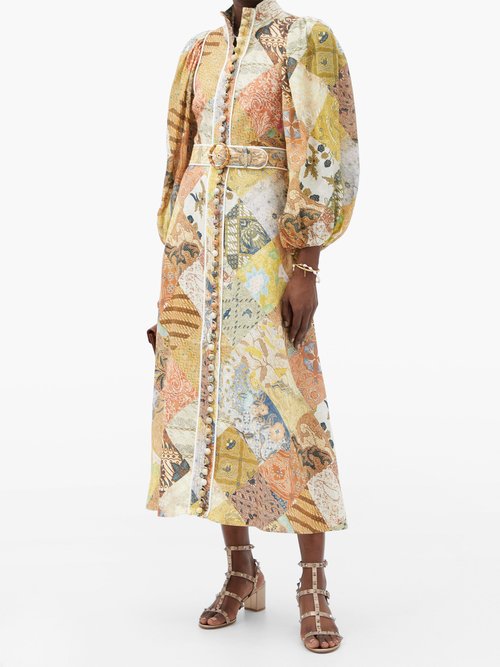 Zimmermann Brightside Patchwork-print Linen Midi Dress Yellow Multi ...