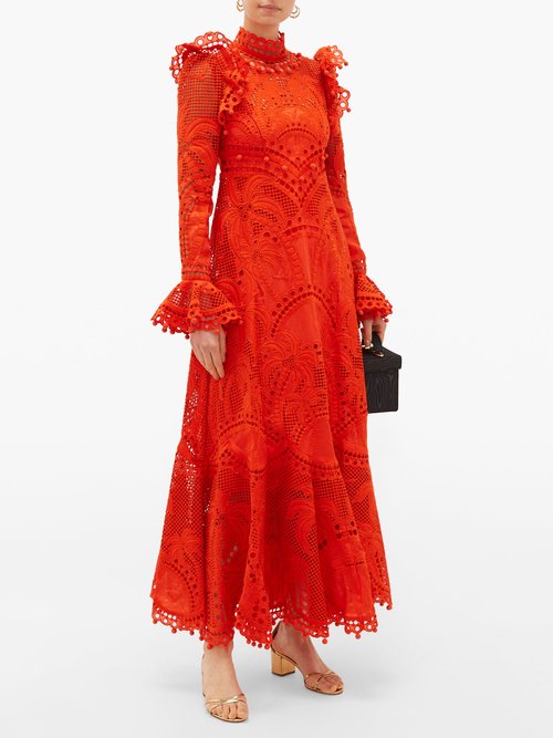 Zimmermann Brightside Palm Openwork-lace Silk-organza Dress Orange