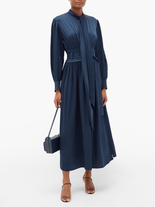 Sies Marjan Faye Belted Crepe Midi Dress Dark Navy – 60% Off Sale