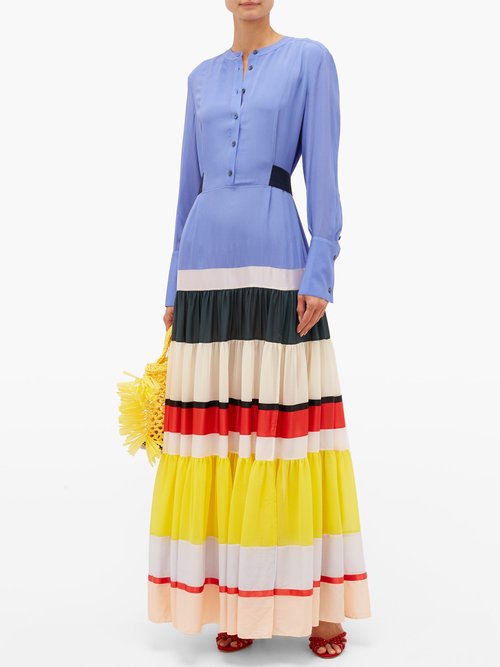 Altuzarra Lobelia Striped-hem Silk Crepe De Chine Maxi Dress Blue Multi - 60% Off Sale