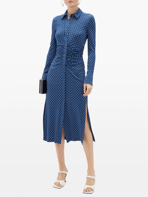 Altuzarra Polka-dot Ruched-waist Shirt Dress Blue Multi - 60% Off Sale