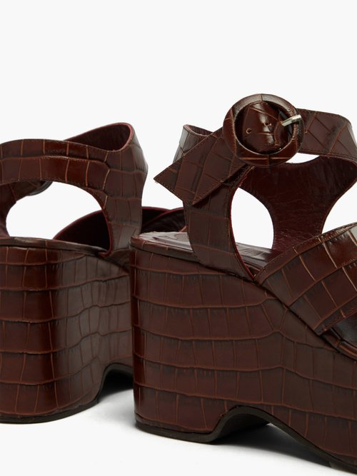 Staud Jane Crocodile-effect Leather Platform Sandals Dark Brown - 50% Off Sale