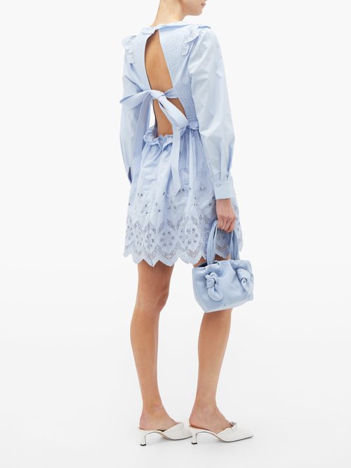 Buy Self-portrait Ruffled V-neck Broderie-anglaise Cotton Mini Dress Light Blue online - shop best Self-Portrait clothing sales