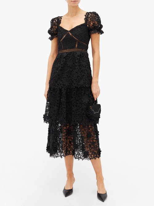 Self-portrait Tiered Floral Guipure-lace Midi Dress Black – 50% Off Sale