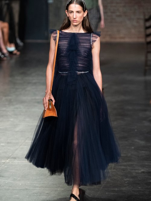 Khaite Paige Crystal-embellished Tulle Midi Dress Navy - 60% Off Sale