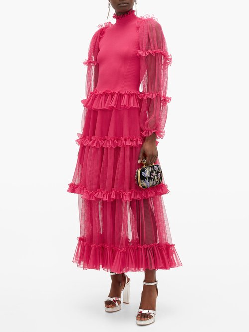 Alexander Mcqueen Tiered Tulle And Ribbed-knit Dress Pink
